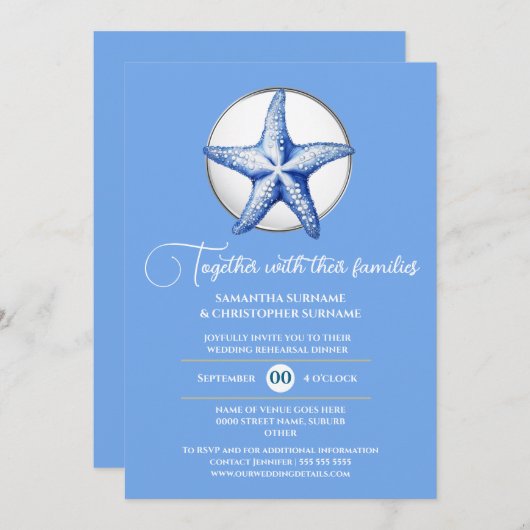 Invitation Mariage thème étoile de mer bleu blanc argent bord (Devant / Derrière)