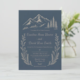 Invitation Mariage Thème Forêt de Montagne Fleurs Bleu Marine