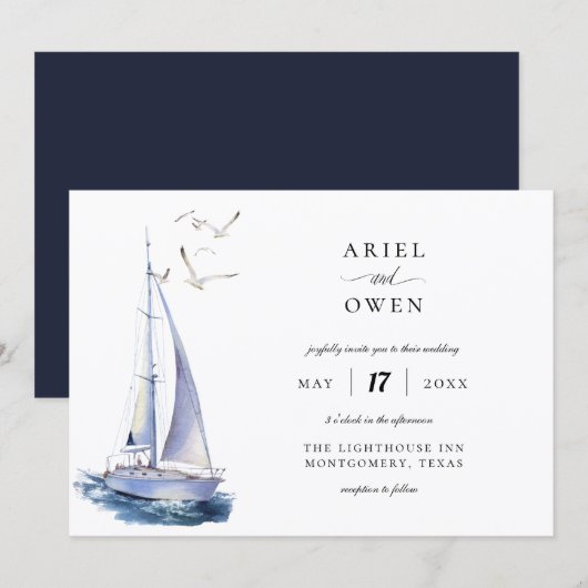 Invitation Mariage thème nautique à l'aquarelle Yacht (Devant / Derrière)