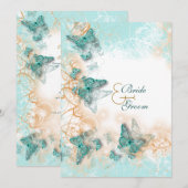 Invitation Mariage thème papillon aqua or (Devant / Derrière)