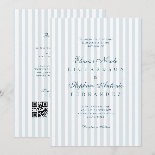 Invitation Mariage Timeless Luxe Écriture Rayures Bleues (Devant / Derrière)