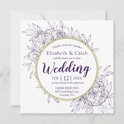 Invitation Mariage toile florale moderne de pivoine pourpre e (Devant)