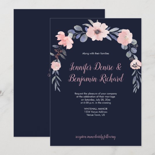 Invitation Mariage Tombe Fleurie Rose Pâle | (Devant / Derrière)