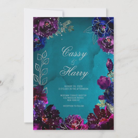 Invitation Mariage Tons de Bijoux Améthyste Saphir Turquoise  (Devant)