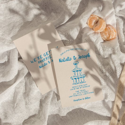 Invitation Mariage tour Champagne bleu Retro