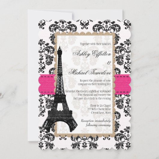 Invitation Mariage Tour Eiffel en rose vif et noir (Devant)