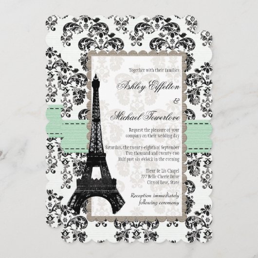 Invitation Mariage tour Eiffel Mint Vert et Noir Damas (Devant / Derrière)