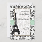 Invitation Mariage tour Eiffel Mint Vert et Noir Damas (Devant)