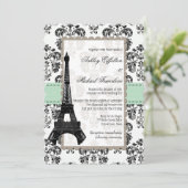 Invitation Mariage tour Eiffel Mint Vert et Noir Damas (Debout devant)