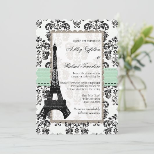 Invitation Mariage tour Eiffel Mint Vert et Noir Damas (Debout devant)