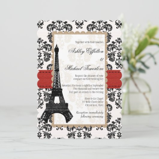 Invitation Mariage tour Eiffel rouge et noir (Debout devant)