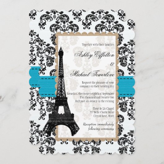 Invitation Mariage Tour Eiffel Turquoise et Noir Damas (Devant / Derrière)