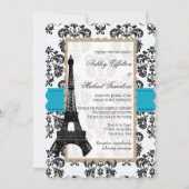 Invitation Mariage Tour Eiffel Turquoise et Noir Damas (Devant)
