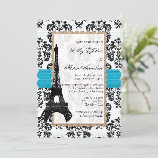 Invitation Mariage Tour Eiffel Turquoise et Noir Damas (Debout devant)