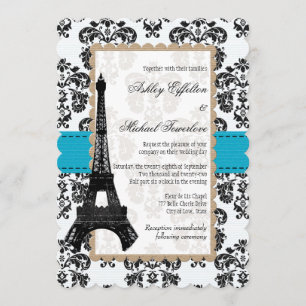 Invitation Mariage Tour Eiffel Turquoise et Noir Damas