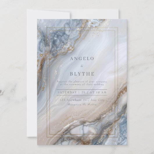 Invitation Mariage Tourbillon Agate Marbre Bleu Doré (Devant)