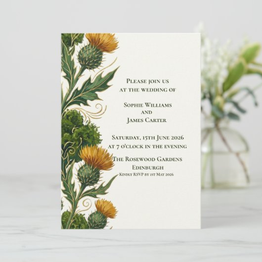 Invitation Mariage Tourbillon Doré Chardon Jaune Écossais (Debout devant)