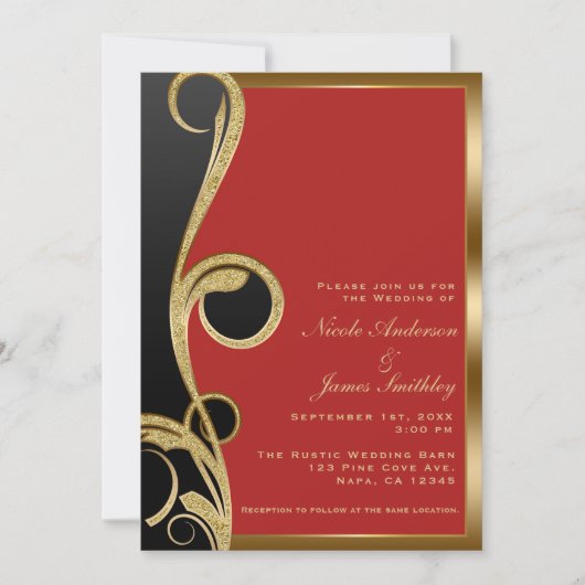 Invitation Mariage Tourbillon Élégant Moderne Noir Rouge & Or (Devant)