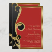 Invitation Mariage Tourbillon Élégant Moderne Noir Rouge & Or (Devant / Derrière)
