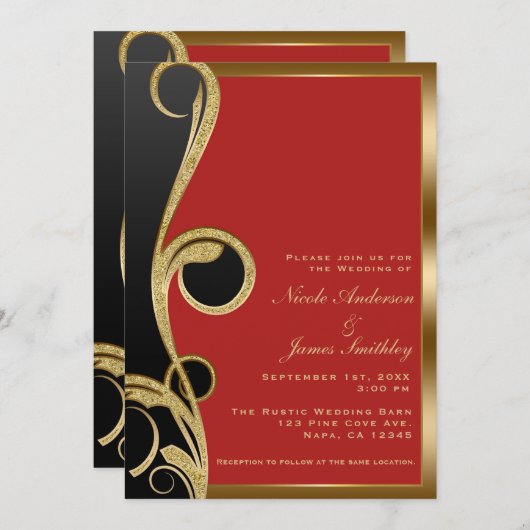Invitation Mariage Tourbillon Élégant Moderne Noir Rouge & Or (Devant / Derrière)