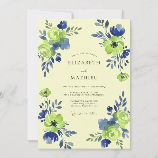 Invitation Mariage Tourbillon Floral Vert Citron (Devant)