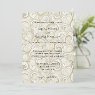 Invitation Mariage tourbillons de cœurs crème romantique