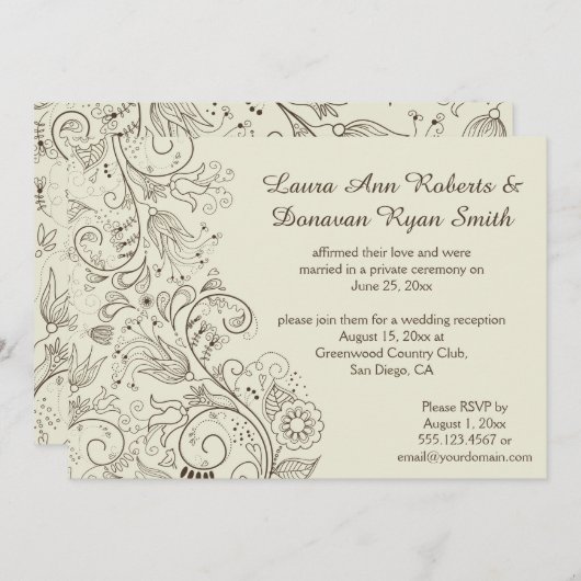 Invitation Mariage Tourbillons Fleurs Brun Esquisse sur Ivory (Devant / Derrière)