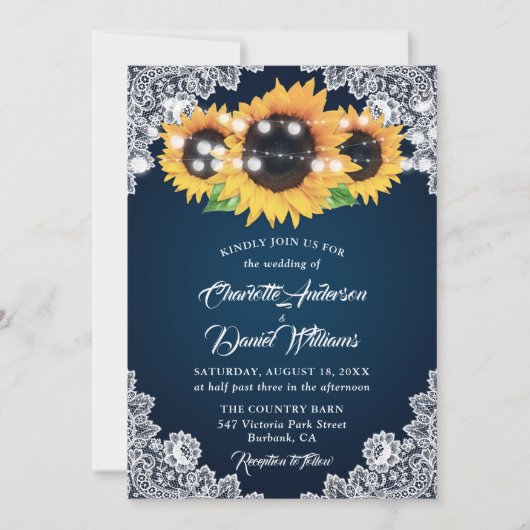 Invitation Mariage Tournesol Dentelle Burlap Bleu Marine Rust (Devant)