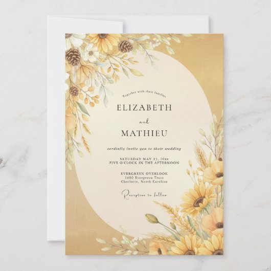 Invitation Mariage Tournesol Doré Eucalyptus (Devant)