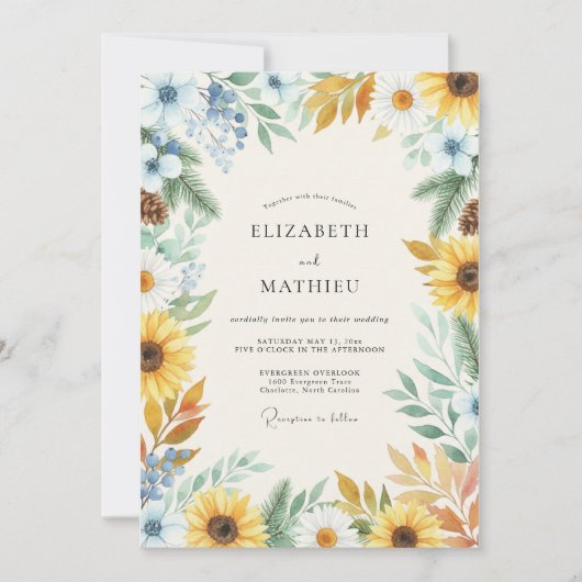Invitation Mariage Tournesol Doré Eucalyptus Azur (Devant)