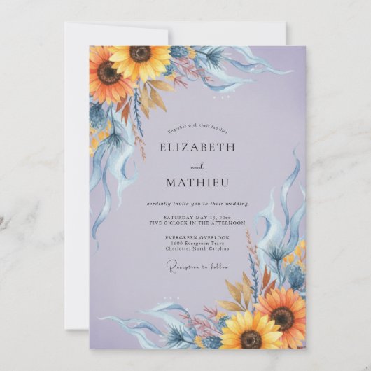 Invitation Mariage Tournesol Doré Pervenche Eucalyptus (Devant)
