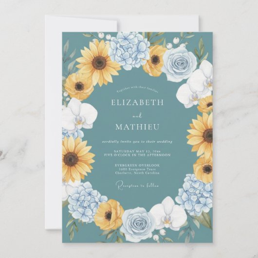 Invitation Mariage Tournesol Ensoleillé Sarcelle (Devant)
