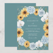 Invitation Mariage Tournesol Ensoleillé Sarcelle (Devant / Derrière)