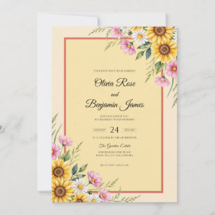Invitation Mariage Tournesol Eucalyptus Rose Jaune
