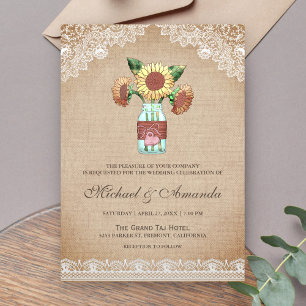 Invitation Mariage Tournesol Jar Rustique Toile Cane