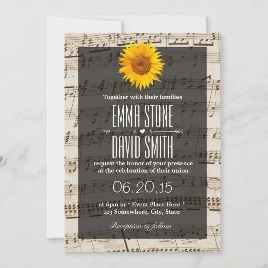 Invitation Mariage Tournesol Partition Musicale Vintage (Devant)