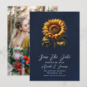 Invitation Mariage Tournesol Rustique Bleu Enregistrez la Dat