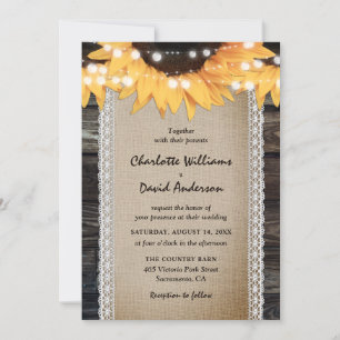 Invitation Mariage Tournesol Rustique Bois Toile Lin Dentelle
