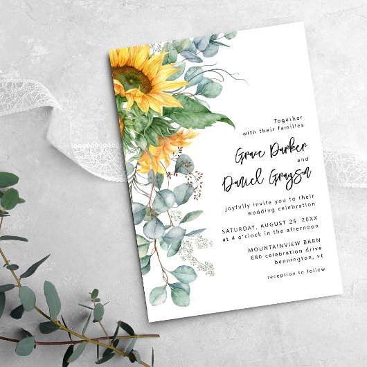 Invitation Mariage Tournesol Rustique Eucalyptus avec Infos d