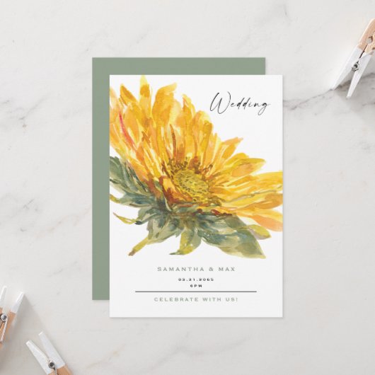 Invitation Mariage Tournesol Sauge Peint à la Main Rustique (Devant/Arrière en situation)