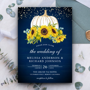 Invitation Mariage Tournesols Citrouille Bois Blanc Bleu Mari