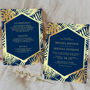 Invitation Mariage tout compris bleu marine et or tropical