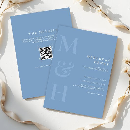 Invitation Mariage Tout Compris Code QR Monogramme Bleu Pouss