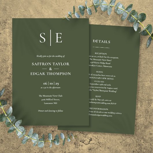 Invitation Mariage tout compris vert olive Monogramme