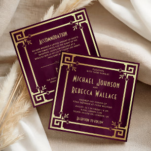 Invitation Mariage Tout en Un Art Déco Or Violet Prune