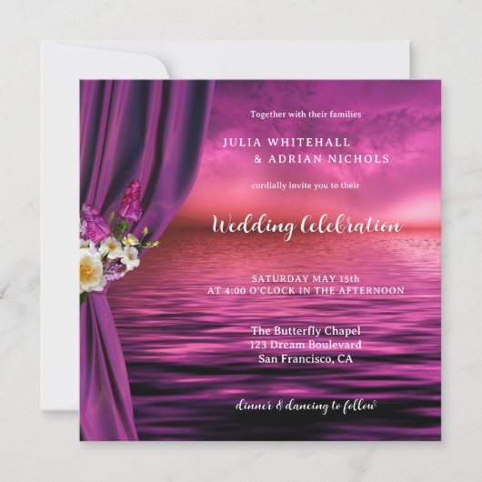 Invitation Mariage tout-en-un avec papillon chic Boho violet (Devant)