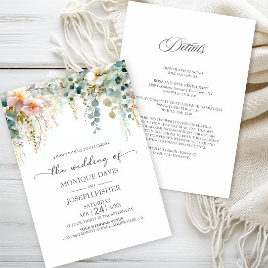 Invitation Mariage Tout en Un avec Verdure d'Eucalyptus