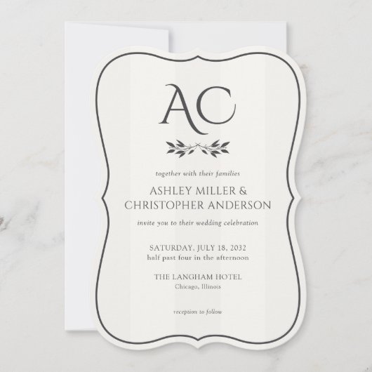 Invitation Mariage tout-en-un blanc à rayures monogrammes min (Devant)