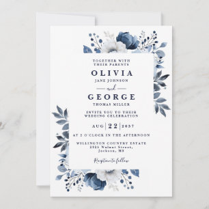 Invitation Mariage Tout En Un Bleu Nuit Et Blanc Floral