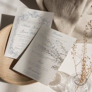 Invitation Mariage Tout En Un Bleu Poussiéreux Vintage Argent
